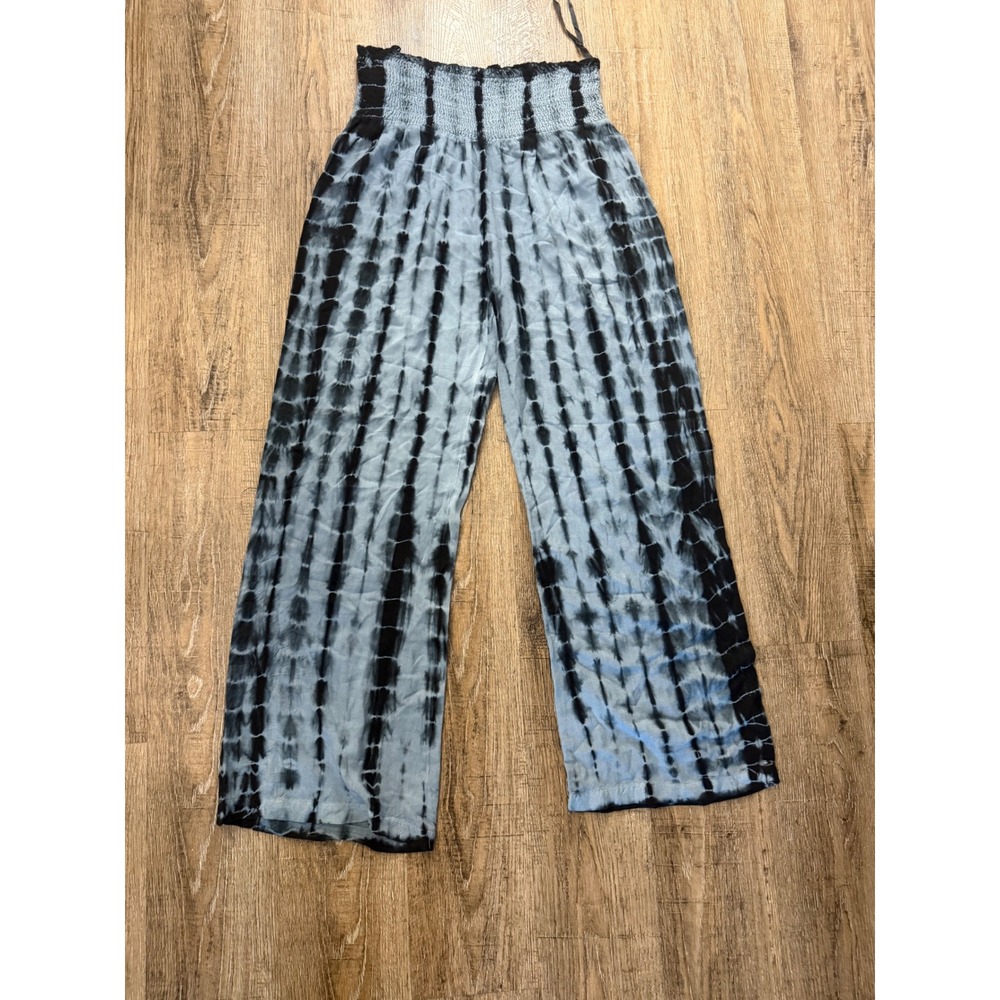 Sim & Sam Tie Dye Smocked Waist Wide Leg Pants Blue Black Medium Boho Trousers